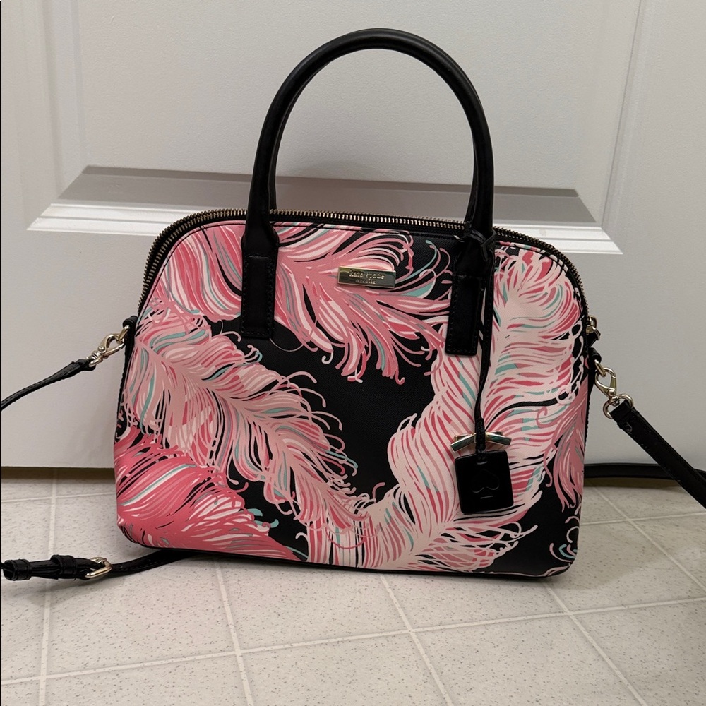 Kate Spade Black and Pink Feather Print Satchel